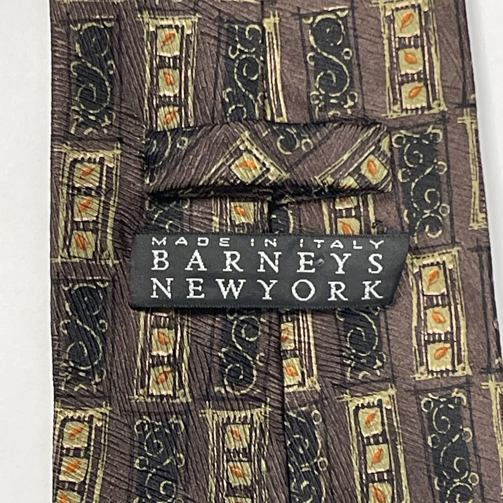 BARNEYS NEW YORK Tie Brown Gold Geometric Men's NeckTie Silk Hand Made In Italy